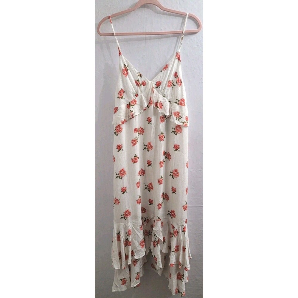 Lulus Floral Rose Print Midi Dress L NWT White Ruffle Hem V-Neck Sleeveless Boho